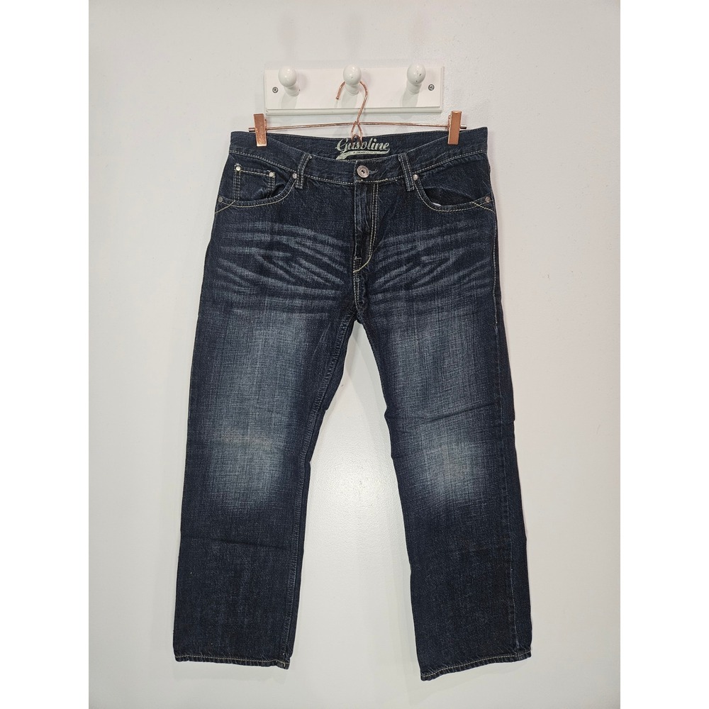 Gasoline Mens Dark Wash Whiskered Straight Leg Denim Jeans 34x30
